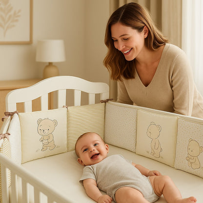 tour de lit bebe allonge dans berceau maman sourit