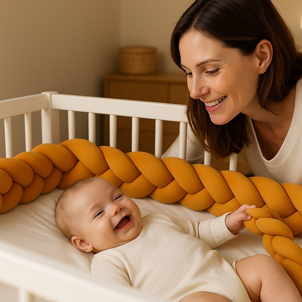 tresse tour de lit jaune moutarde bebe sourit couche maman souriante